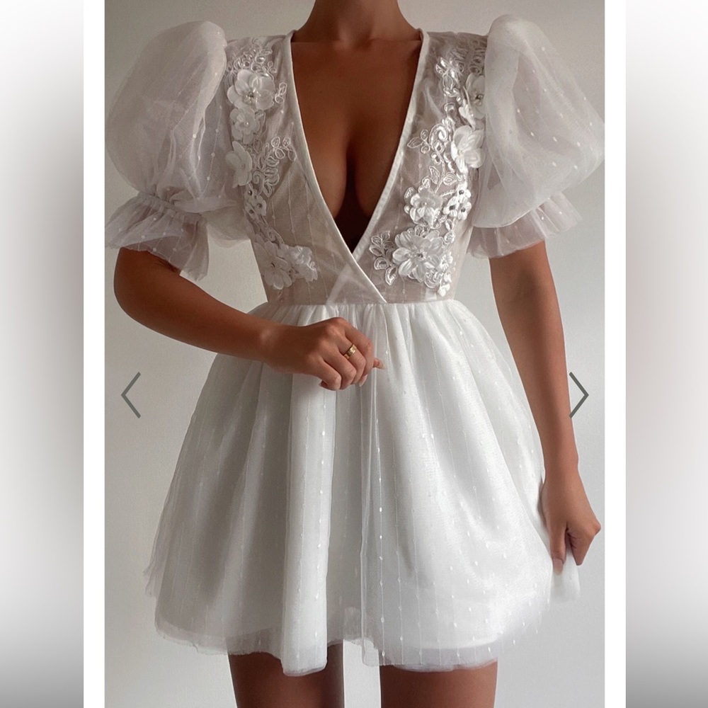 PUFF SLEEVE FLORAL DETAIL PLUNGE NECK DRESS IN WHITE